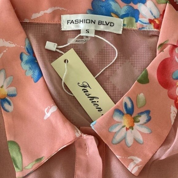 Fashion Blvd. S Sheer Silk floral top casual Spring Summer blue NEW Short Sleeve - Picture 6 of 7